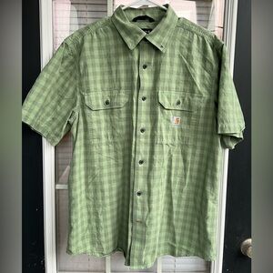 Carhartt Men’s Rugged Flex Short Sleeve Button-Up Shirt Green Plaid Workwear- Lg